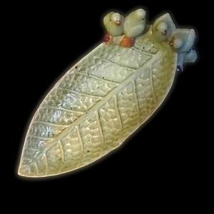 Vintage Pottery Art Decor Leaf Serving Dish with Birds